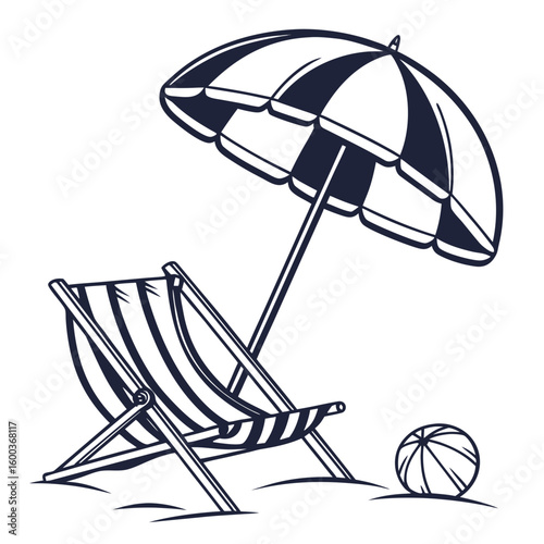 Striped beach chair umbrella and ball on sand vector