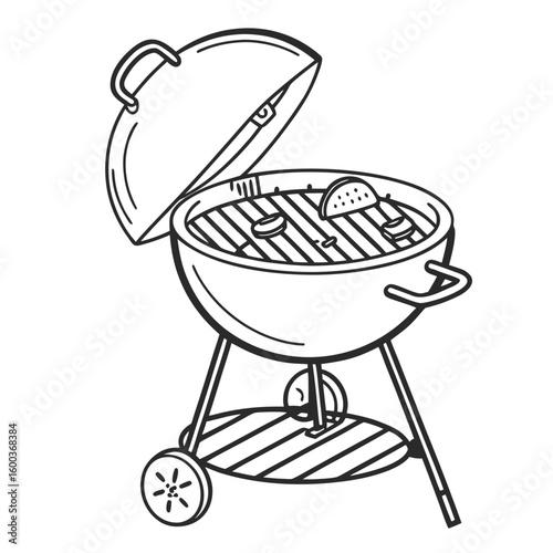 Round barbecue grill with food cooking outdoor