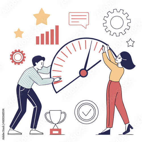 Teamwork adjusting giant clock face with success symbols time management goals