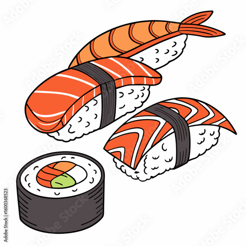 Salmon shrimp nigiri and maki roll sushi sashimi