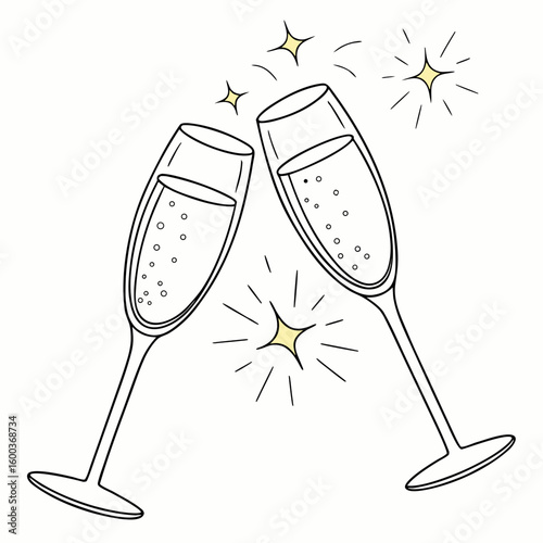 Two champagne flutes clinking with sparkling highlights celebration toast