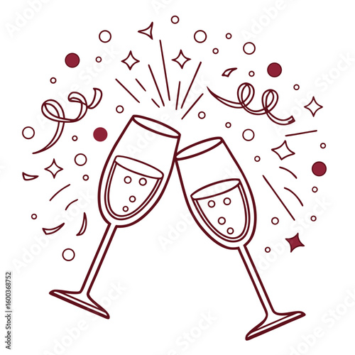 Two clinking champagne glasses with confetti and stars celebration clinking glasses