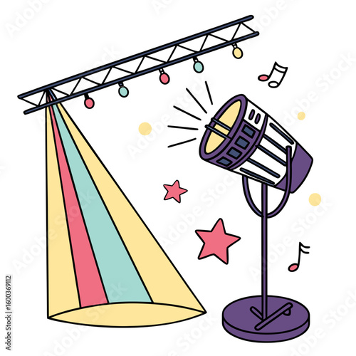 Stage spotlight with colorful beams and music notes