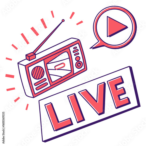 Vintage radio broadcasting live with play button streaming audio