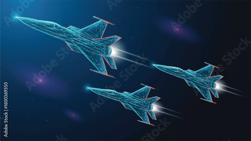 Futuristic Formation: Jets soar through the night sky, creating an amazing sight in a high-tech, digitally enhanced artistic illustration, perfect for futuristic tech designs.