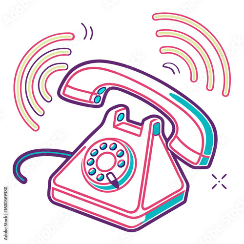 Vintage telephone ringing with vibrant neon outlines rotary phone communication