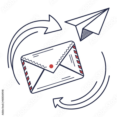 White envelope with red accents and paper airplane mail correspondence