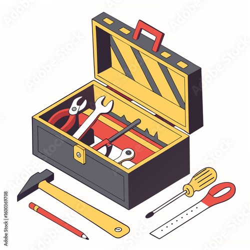 Toolbox with assorted tools and pencil hammer wrench