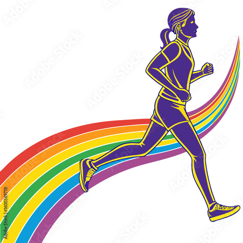 Woman running with colorful rainbow trail athlete colors