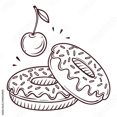 Two frosted donuts with sprinkles and a cherry doughnut