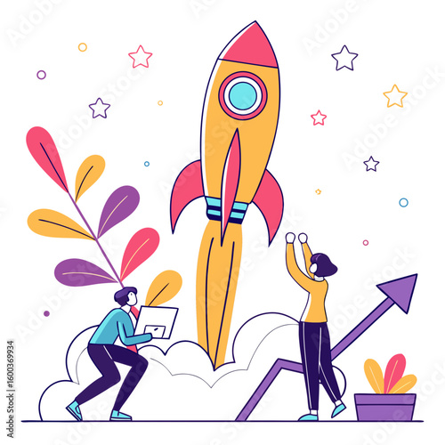 Yellow rocket launching with people and plants startup business