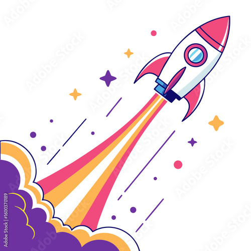 Vibrant rocket launch with colorful trails and stars