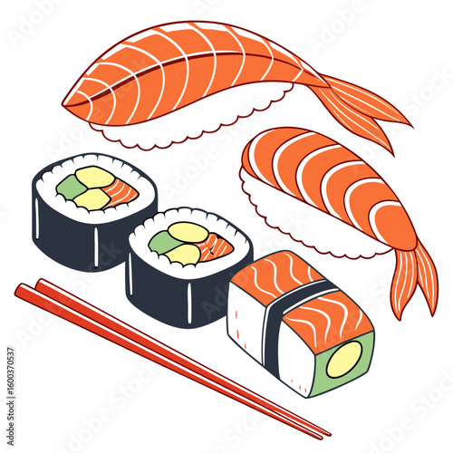 Vivid salmon sushi and shrimp nigiri sashimi