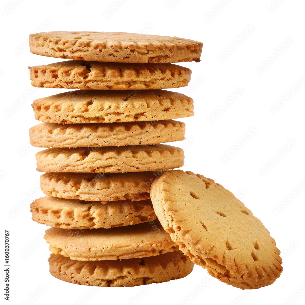 Stack of round, light-tan cookies, slightly textured edges, and decorative perforations Stack of round, light-tan cookies, slightly textured edges, and decorative perforations