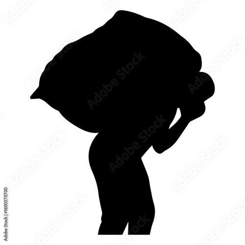 Vector art of a black silhouette of a person carrying a large heavy bag or load on their shoulder symbolizing effort