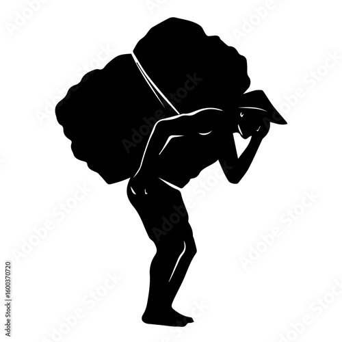 Vector art of a solitary silhouette of a person wearing a conical hat carries a large heavy load on their back