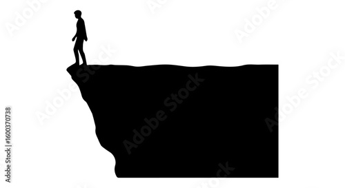 Vector art of a solitary person stands silhouetted on the very edge of a dark steep cliff overlooking an unseen drop