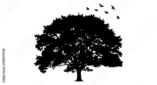 Vector art of a stark black silhouette of a large leafy tree stands against a transparent background with a flock of