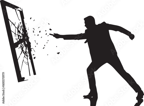 Vector art of silhouette of a man in a suit breaking through a shattering glass window with a forceful impact isolated