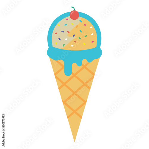 A delicious single ice cream cone, generously topped with vibrant rainbow sprinkles, a sweet and joyful treat.