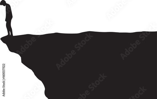 Vector art of a solitary man stands on the edge of a dark cliff looking down into the abyss below isolated on