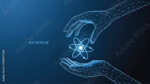 Science: The image showcases two hands gently cradling a glowing atom, a symbol of scientific discovery and understanding. The composition, in a striking modern style, signifies the power of science.