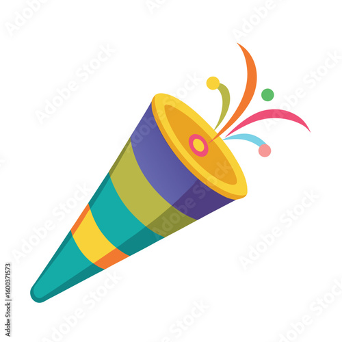 A cheerful single party popper with a vibrant colorful handle, isolated on white, ready to burst with festive fun.