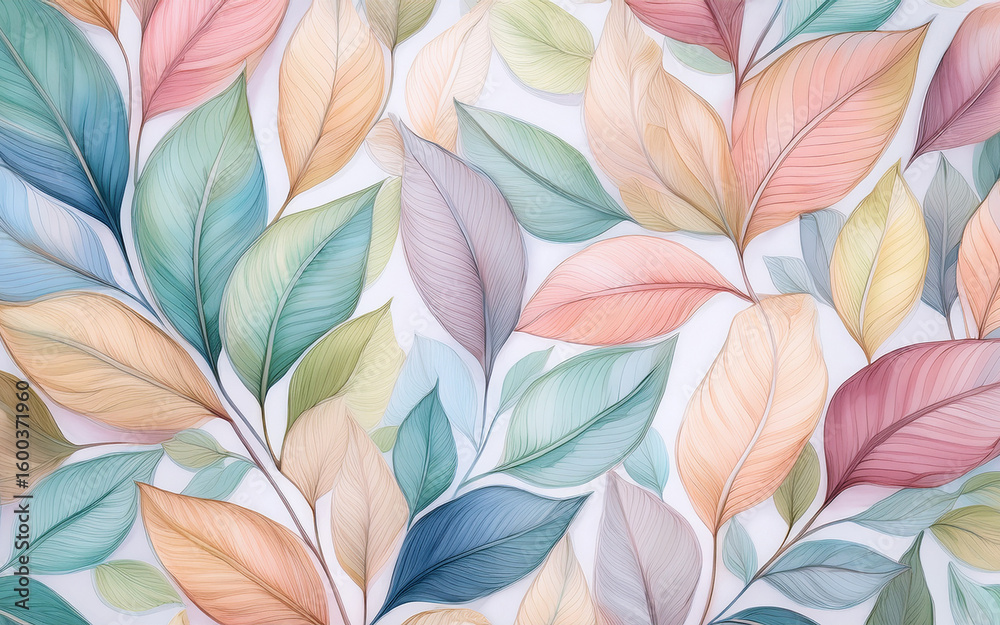 Fototapeta premium Pastel Leaf Repeating Pattern, Soft Watercolor Design background