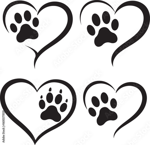 Four hearts with paw prints silhouette