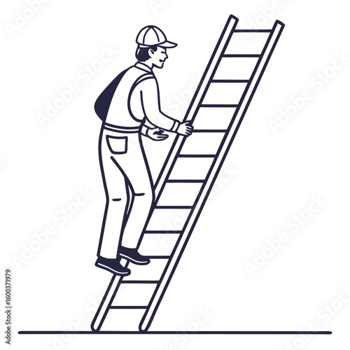 Worker climbing ladder construction elevation