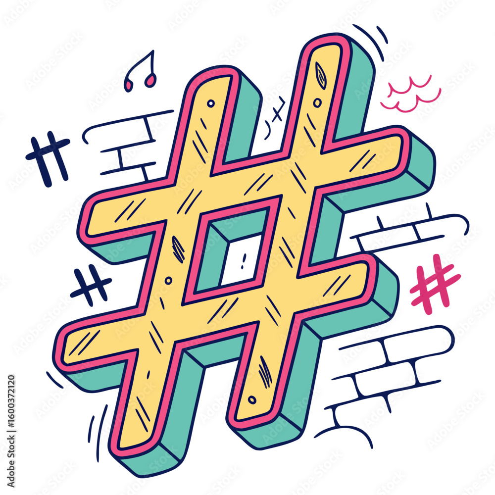 Fototapeta premium Yellow hashtag symbol with pink and teal outline social media