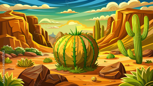  very Beautiful golden barrel cactus in a desert landscape