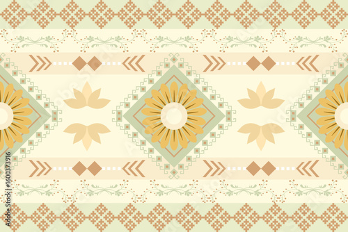 Pastel Floral and Geometric Pattern Bohemian Style Textile Design Beige Green and Yellow Hues