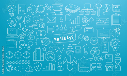 Business Doodle HandDrawn Icon collection for Marketing and Financial Concepts, Business design element, Background, Blue color 