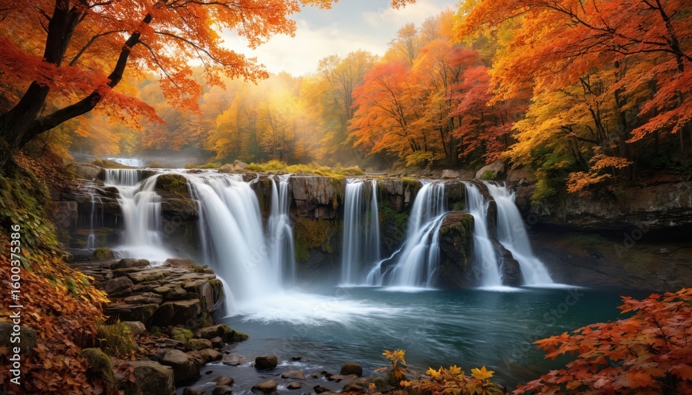 Majestic waterfall cascades through vibrant autumn forest. Orange, yellow, red foliage surrounds serene water. Sunlight filters through trees, illuminating rocks and flowing water. Majestic waterfall cascades through vibrant autumn forest. Orange, yellow, red foliage surrounds serene water. Sunlight filters through trees, illuminating rocks and flowing water.