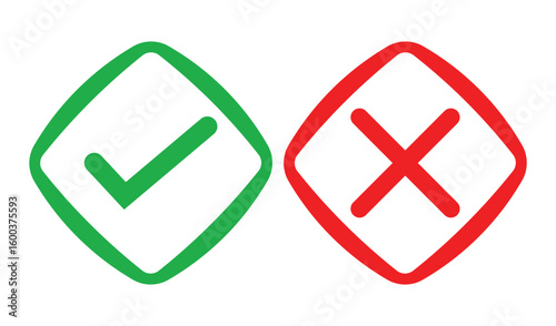 Simple illustration of a green check mark and red cross inside outlined squares on white background. Bold lines, solid colors, and minimal design for clear marking or indication concepts.