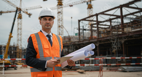 Professional Male Engineer with Tablet and Blueprints at Construction Site