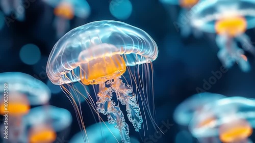 Translucent jellyfish in a deep ocean scene