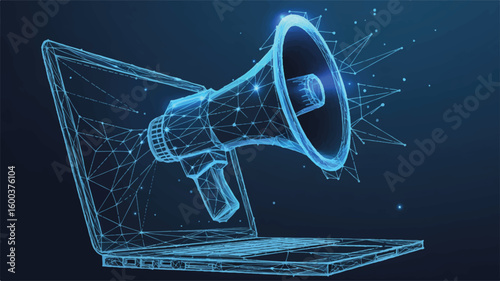 Digital Marketing: A digital art of a megaphone, positioned atop an opened laptop, projecting lines and connections outwards in a creative network.