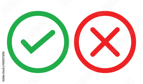 Simple illustration of a green check mark and red cross inside outlined squares on white background. Bold lines, solid colors, and minimal design for clear marking or indication concepts.