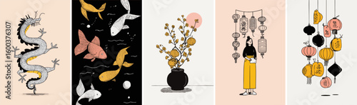 China and oriental asian doodle design elements