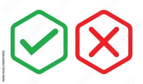 Simple illustration of a green check mark and red cross inside outlined squares on white background. Bold lines, solid colors, and minimal design for clear marking or indication concepts.
