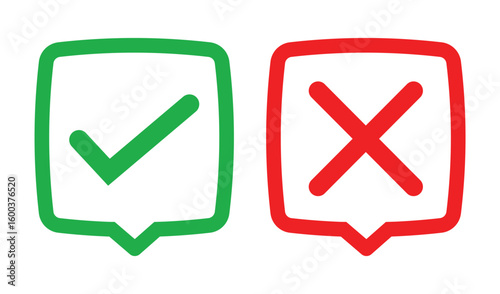Simple illustration of a green check mark and red cross inside outlined squares on white background. Bold lines, solid colors, and minimal design for clear marking or indication concepts.