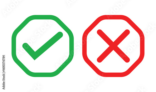 Simple illustration of a green check mark and red cross inside outlined squares on white background. Bold lines, solid colors, and minimal design for clear marking or indication concepts.