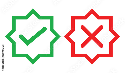 Simple illustration of a green check mark and red cross inside outlined squares on white background. Bold lines, solid colors, and minimal design for clear marking or indication concepts.