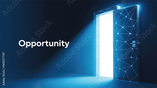 Gateway of Promise: A luminous open doorway illuminated by a beam of light, with the word Opportunity subtly emblazoned upon it, represents a passage to success, innovation, and boundless potential.