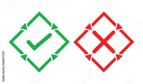 Simple illustration of a green check mark and red cross inside outlined squares on white background. Bold lines, solid colors, and minimal design for clear marking or indication concepts.