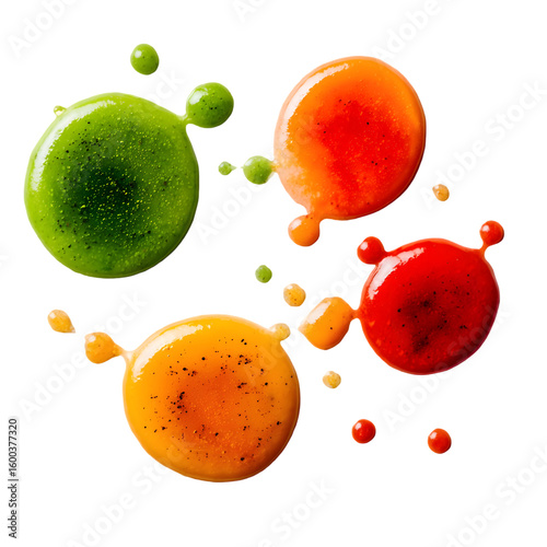 Colorful splashes of vibrant paint in green, orange, yellow, and red against a transparent background