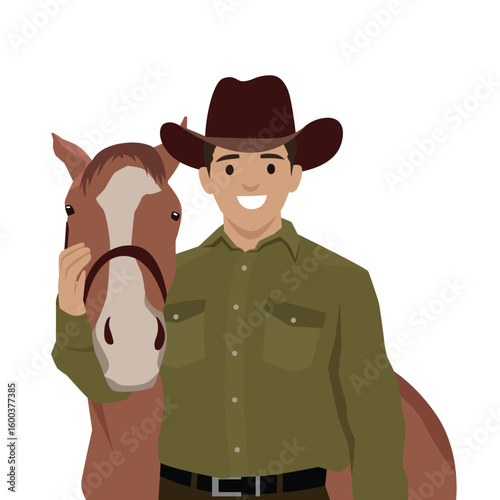 Cowboy wearing a wide brimmed hat stands beside his horse, gently holding its face. Flat vector illustration isolated on white background