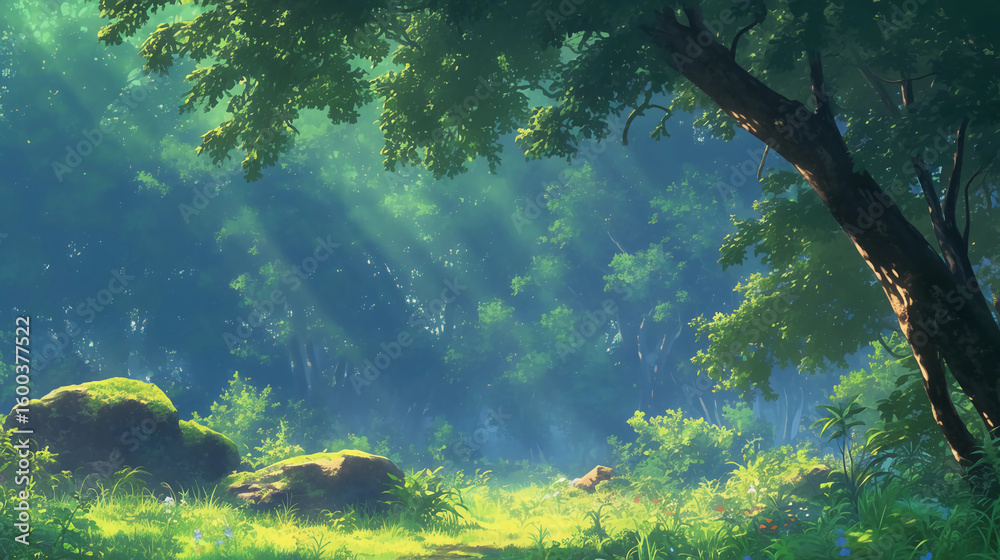 Fototapeta premium Peaceful forest with thick canopy and glowing morning mist, immersive nature